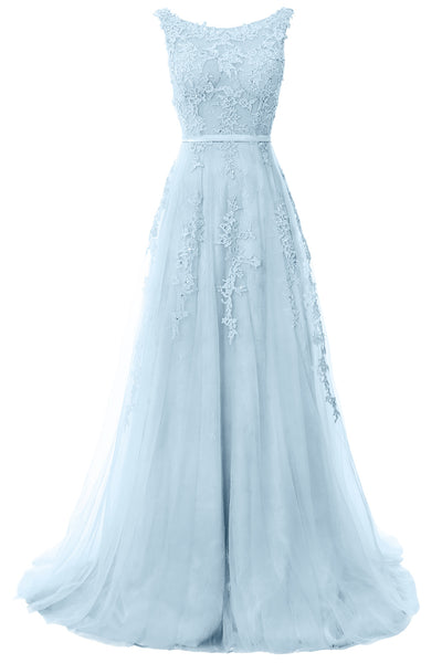 MACloth Lace Prom Dresses Boat Neck Sleeveless Lace Wedding Formal Evening Gown