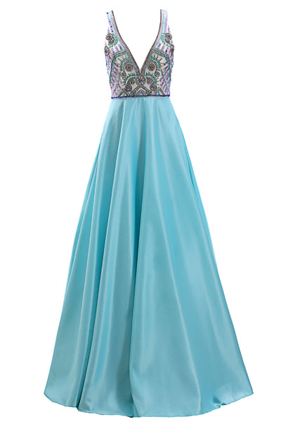 MACloth Women Deep V Neck Beaded Long Prom Dress Open Back Satin Evening Gown