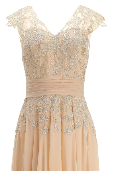 MACloth Women Maxi Mother of Bride Dresses Cap Sleeve V Neck Lace Evening Gown