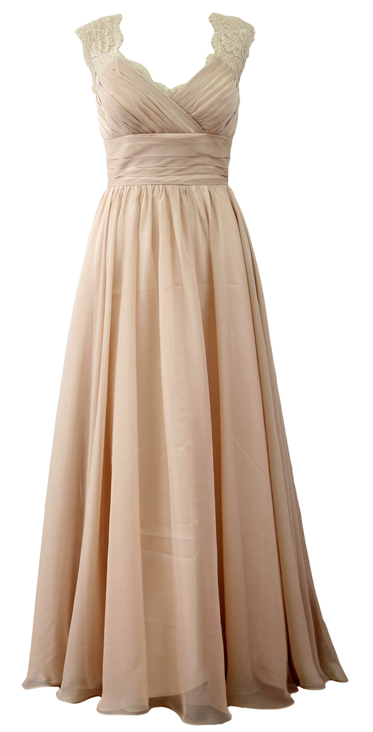 MACloth Women Vintage Long Bridesmaid Dress V Neck Lace Formal Evening Gown