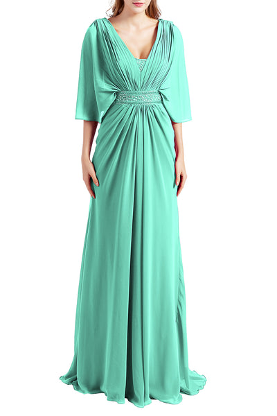 MACloth Women Elegant Long V Neck Mother of Bride Dresses Evening Gown Sleeves