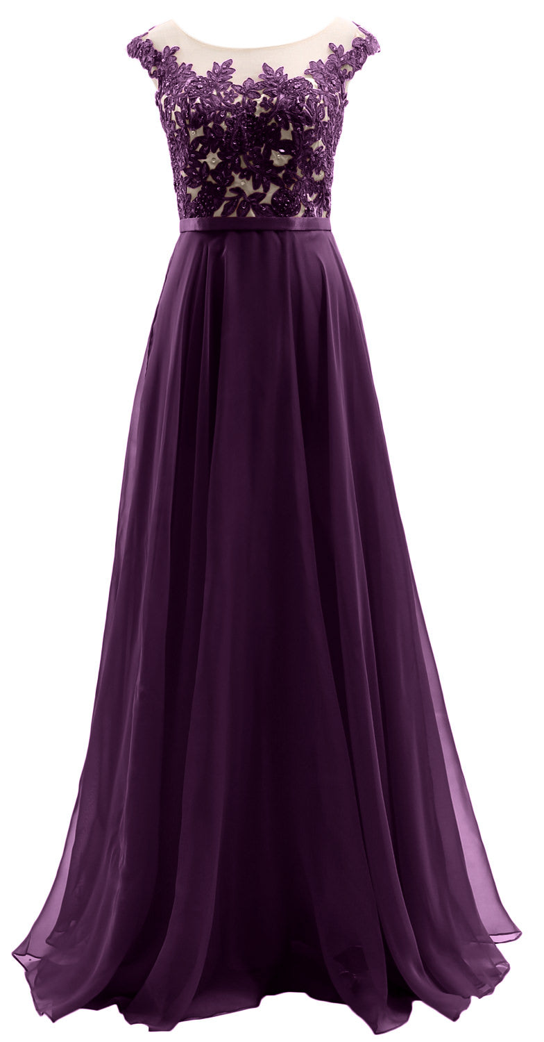 MACloth Cap Sleeves Illusion Long Prom Dress Lace Chiffon Wedding Party Dress