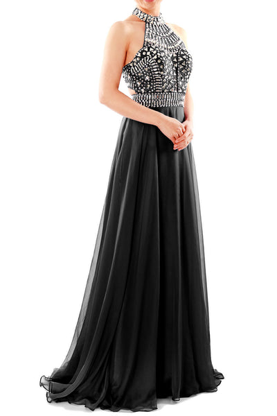 MACloth Women Halter High Neck Sleeveless Long Prom Party Dress Evening Gown