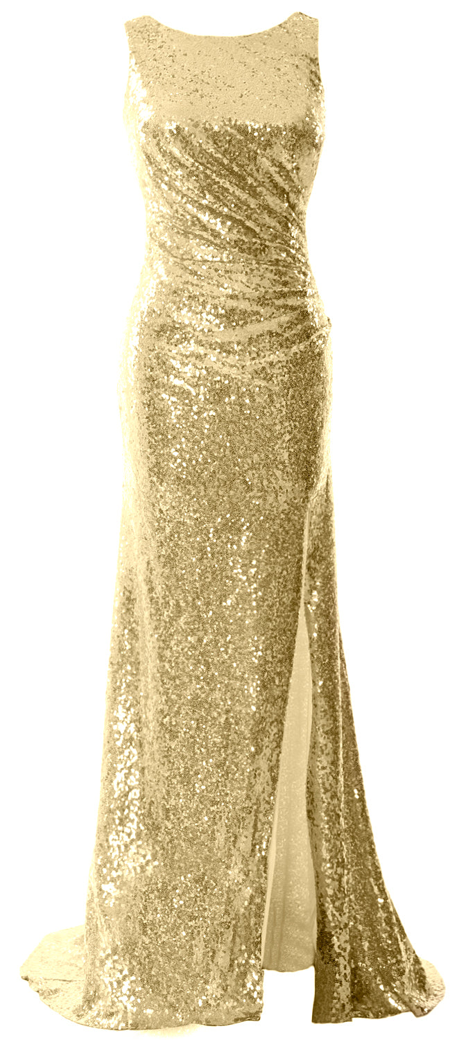 MACloth Women Sequin Long Bridesmaid Dresses Cowl Back Prom Evening Gown Split