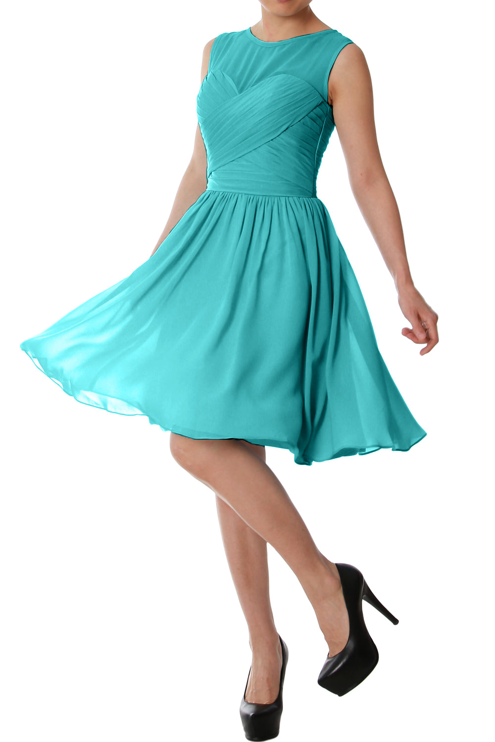 Vestido de dama de honor corto con cuello redondo elegante de MACloth, vestido formal de gasa para fiesta de boda