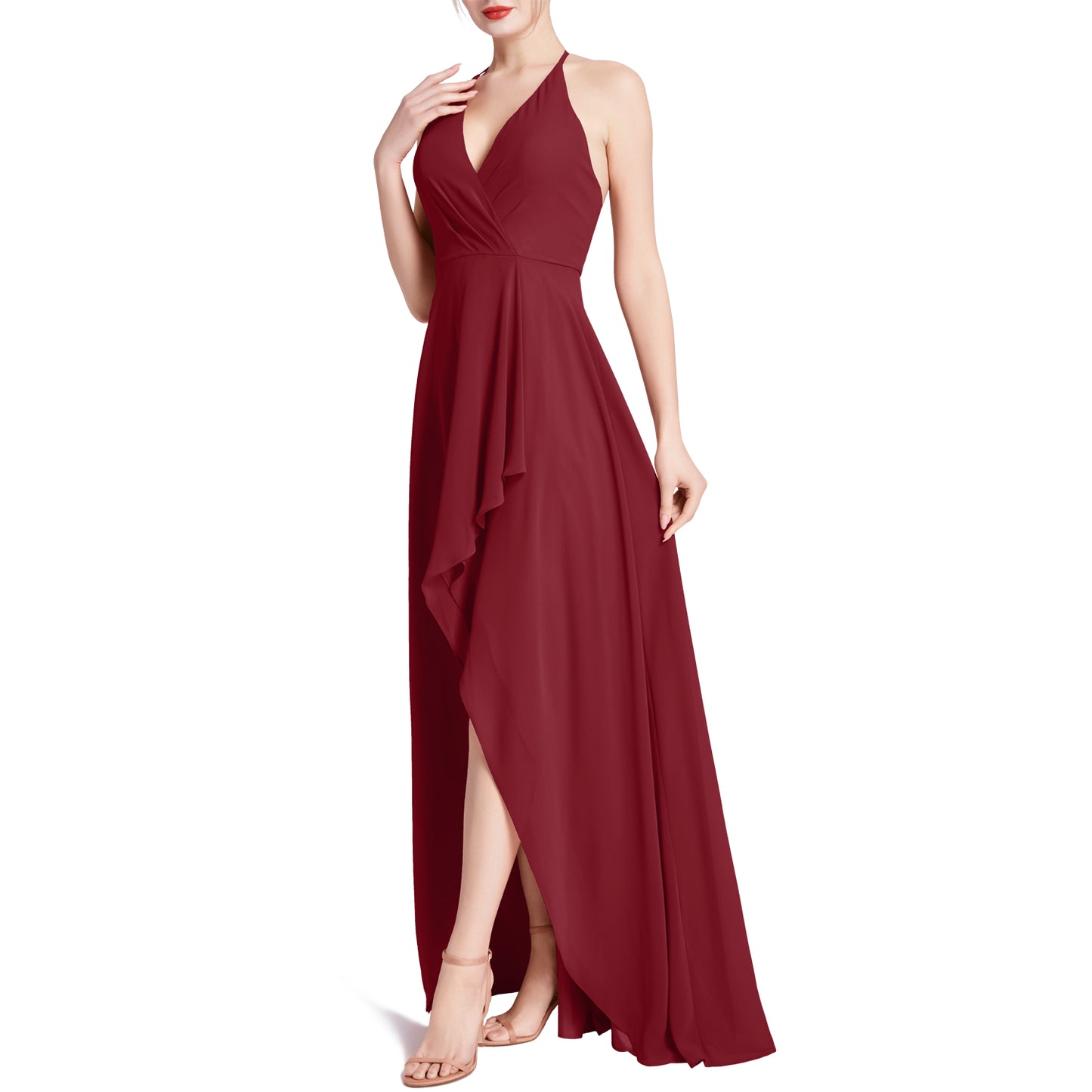 MACloth Women V Neck Halter Hi Lo Long Wedding Party Bridesmaid Dresses