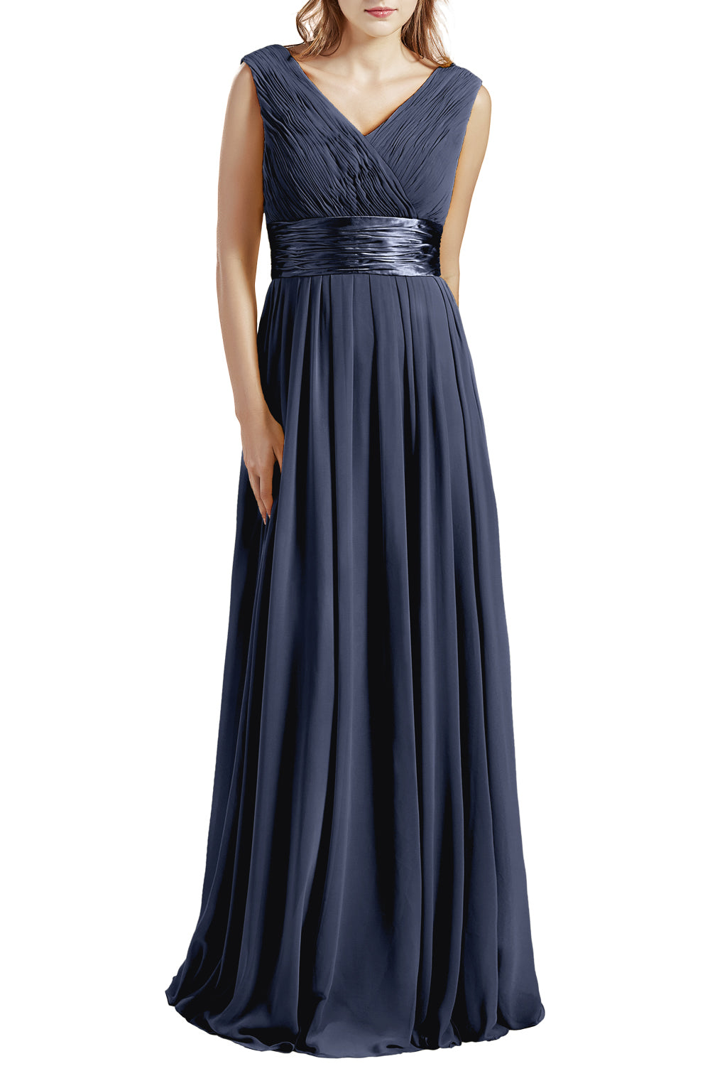 MACloth Damen Langes V-Ausschnitt Chiffon Brautjungfernkleid mit Rüschen BD