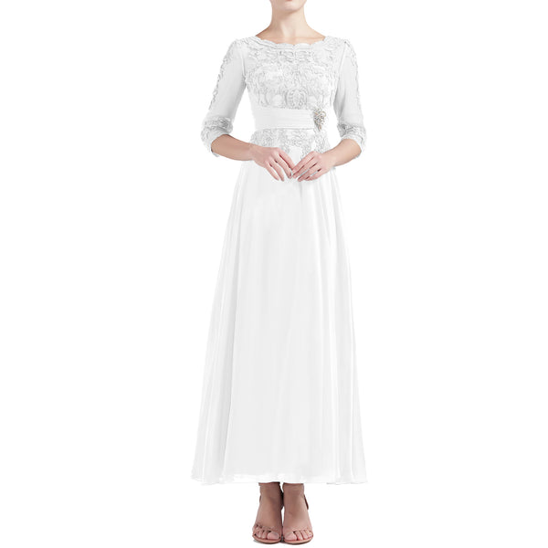 MACloth Women Tea Length 3/4 Sleeve Boat Neck Mother Bride Dresses Bridal Party