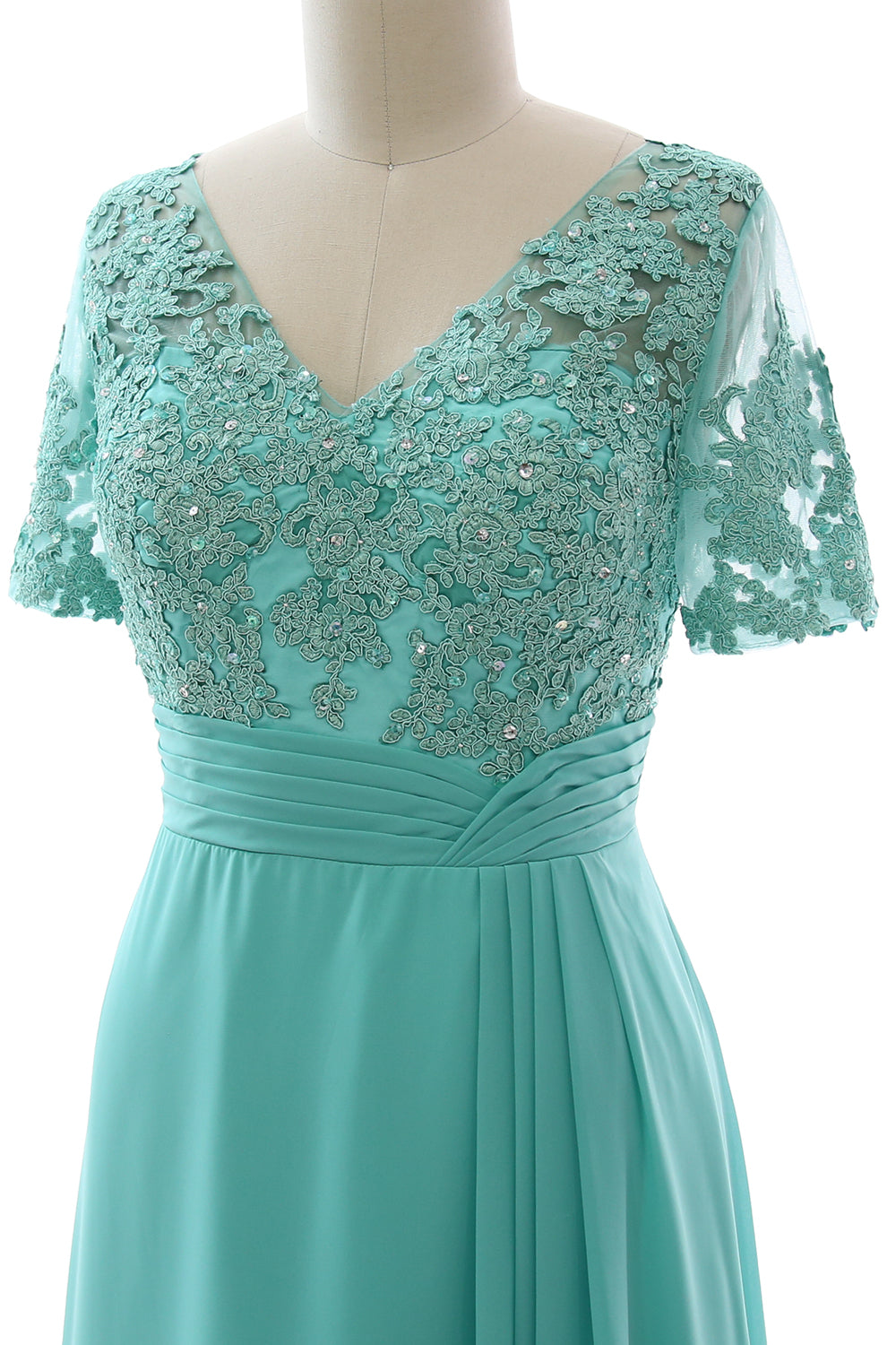 MACloth Women V Neck Long Mother of Bride Dresss Lace Evening Gown Short Sleeves