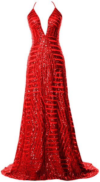 MACloth Women Deep V Neck Sequin Long Prom Dress Sexy Formal Party Evening Gown