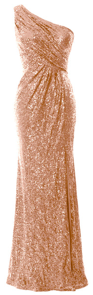 MACloth Sequin Prom Dresses with Split Mermaid One Shoulder Formal Evening Gown