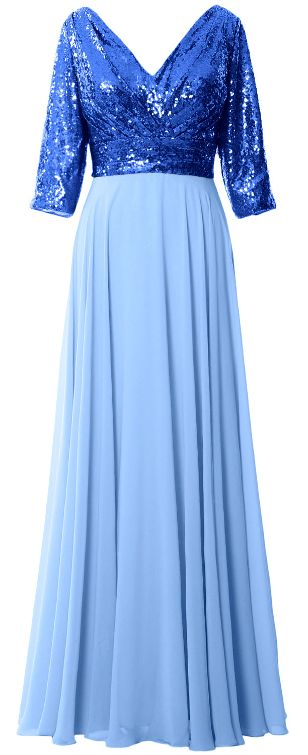MACloth Damen Maxikleid mit langen Ärmeln und V-Ausschnitt und Pailletten