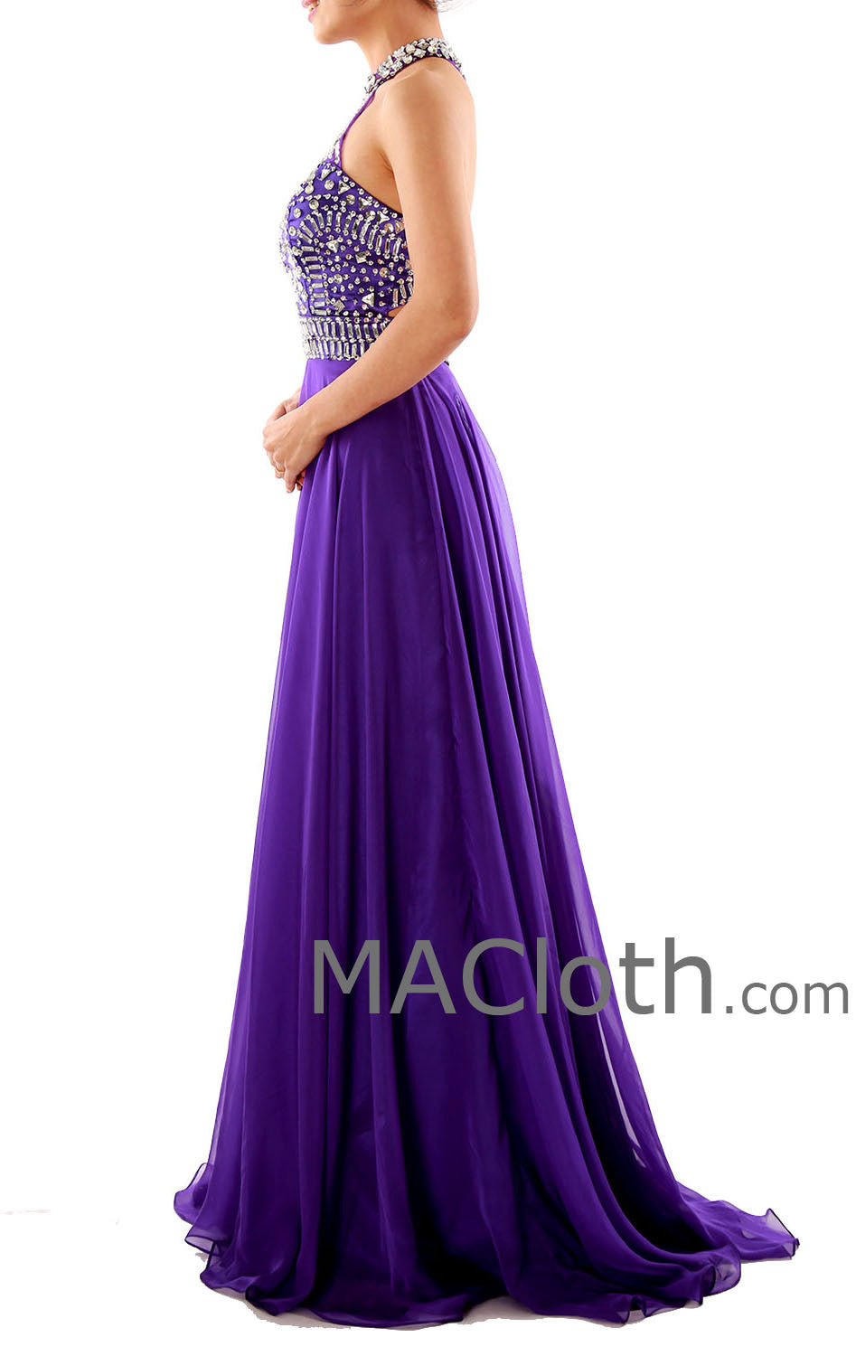 MACloth Halter A  Line Crystals Chiffon Purple Long Prom Dress with Court Train 160120