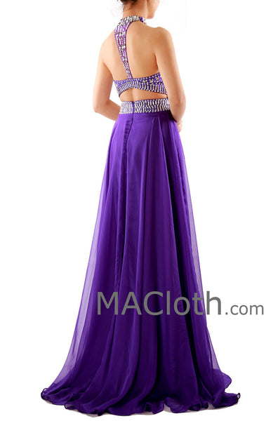 MACloth Halter A  Line Crystals Chiffon Purple Long Prom Dress with Court Train 160120