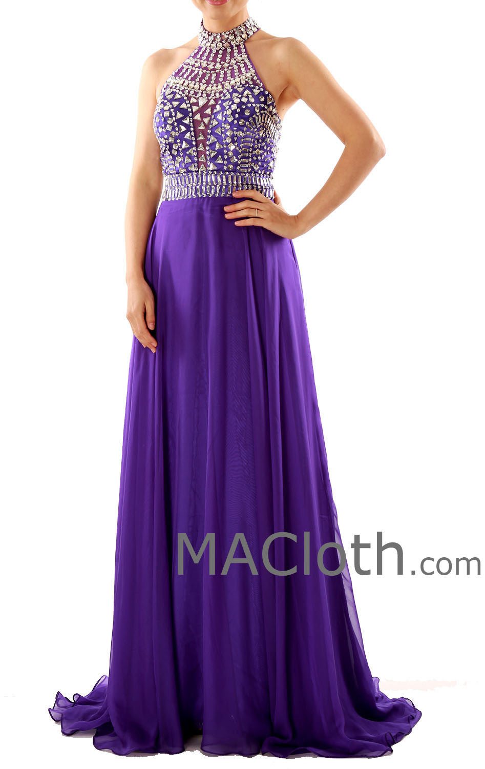 MACloth Halter A  Line Crystals Chiffon Purple Long Prom Dress with Court Train 160120