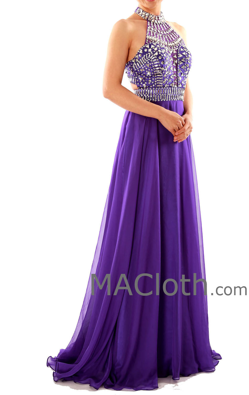 MACloth Halter A Line Crystals Chiffon Purple Long Prom Dress with Court Train 160120 Purple / Tea Length / US10