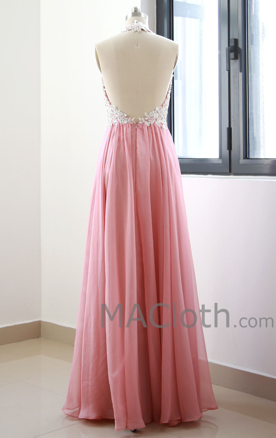 MACloth Women Halter Sweetheart with Lace Long Chiffon Peach Prom Dress 160125