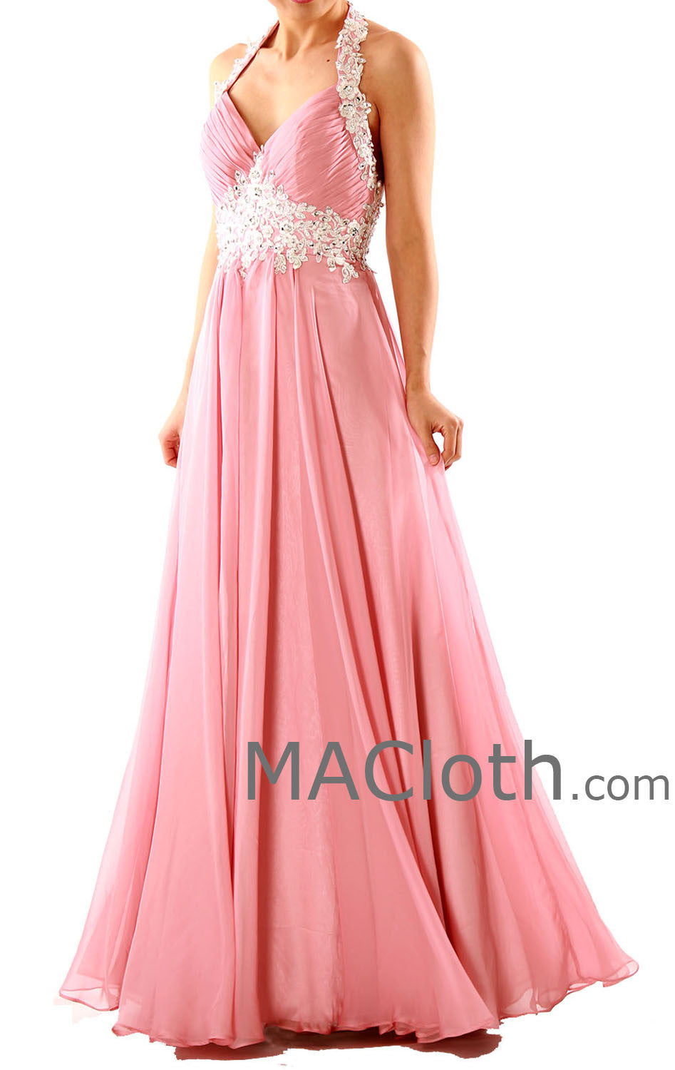 MACloth Women Halter Sweetheart with Lace Long Chiffon Peach Prom Dress 160125
