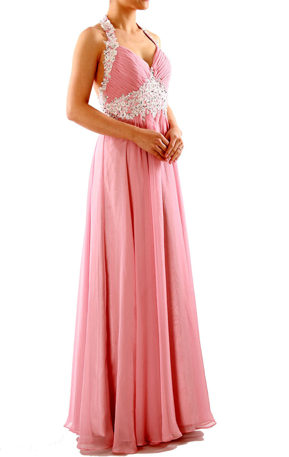 MACloth Women Halter Sweetheart with Lace Long Chiffon Peach Prom Dress 160125