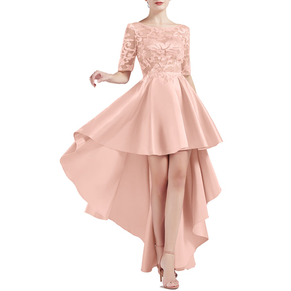 MACloth Women Scoop Neckline Half Sleeve High Low Lace Satin Prom Party Homecoming Dresses