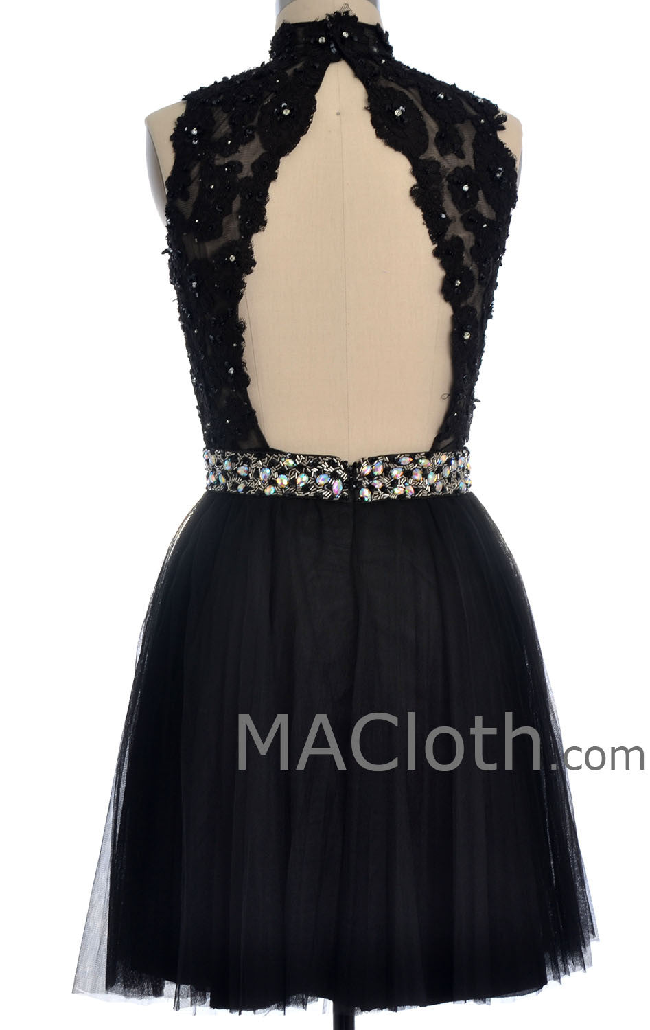 MACloth Damen Ballkleid mit hohem Halsausschnitt, schwarzem Spitzentüll und offenem Rücken