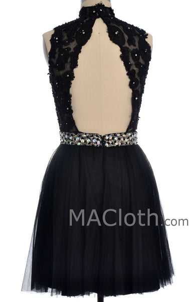 MACloth Women High Neck Black Lace Tulle Short Prom Dress with Open Back
