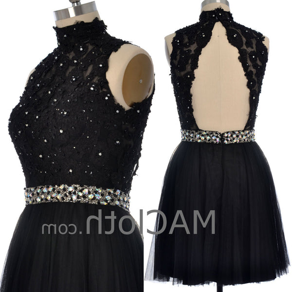 MACloth Women High Neck Black Lace Tulle Short Prom Dress with Open Back