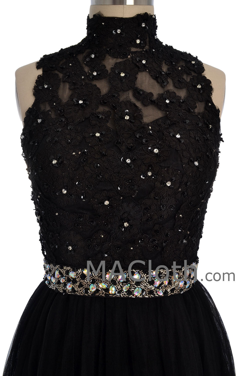 MACloth Damen Ballkleid mit hohem Halsausschnitt, schwarzem Spitzentüll und offenem Rücken