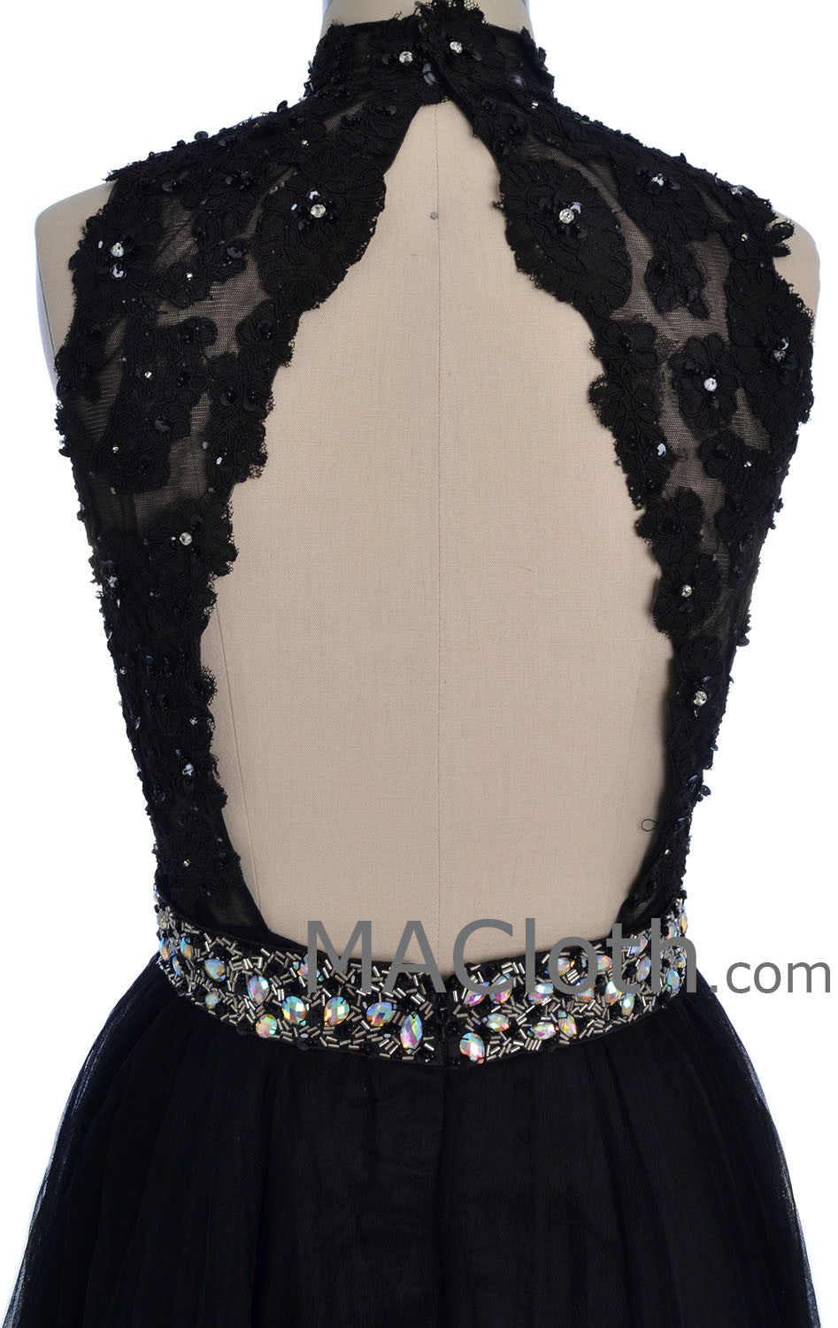 MACloth Damen Ballkleid mit hohem Halsausschnitt, schwarzem Spitzentüll und offenem Rücken