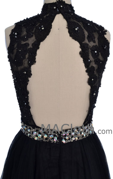 MACloth Women High Neck Black Lace Tulle Short Prom Dress with Open Back