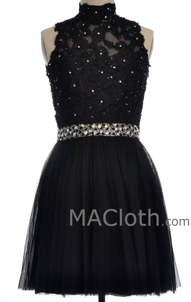 MACloth Women High Neck Black Lace Tulle Short Prom Dress with Open Back