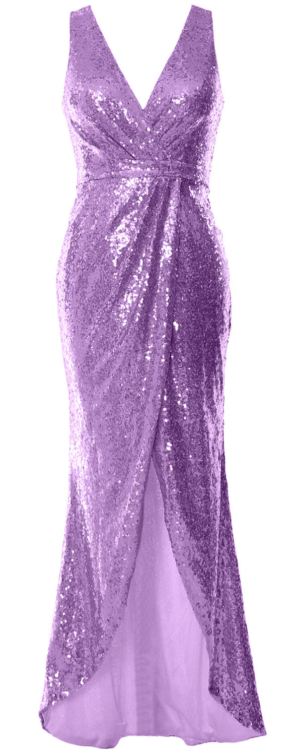 MACloth Women Sequin V Neck Wrap Long Bridesmaid Dresses Wedding Prom Gown