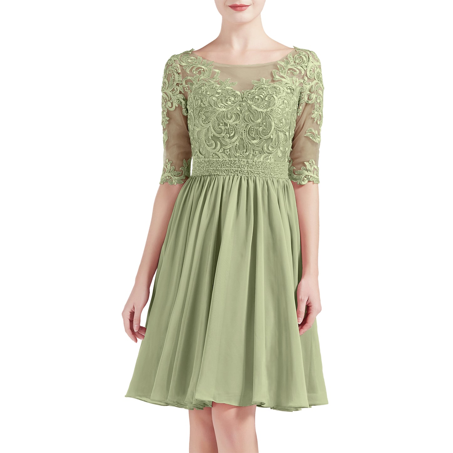 MACloth Women Half Sleeves Short Lace Beading Boat Neckline Mother of Bride Dresses Wedding Bridal Party