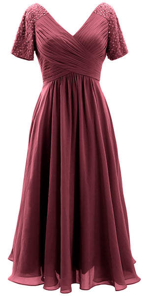 MACloth Women Midi Mother Bride Dresses Short Sleeves Wedding Guest Tea Length