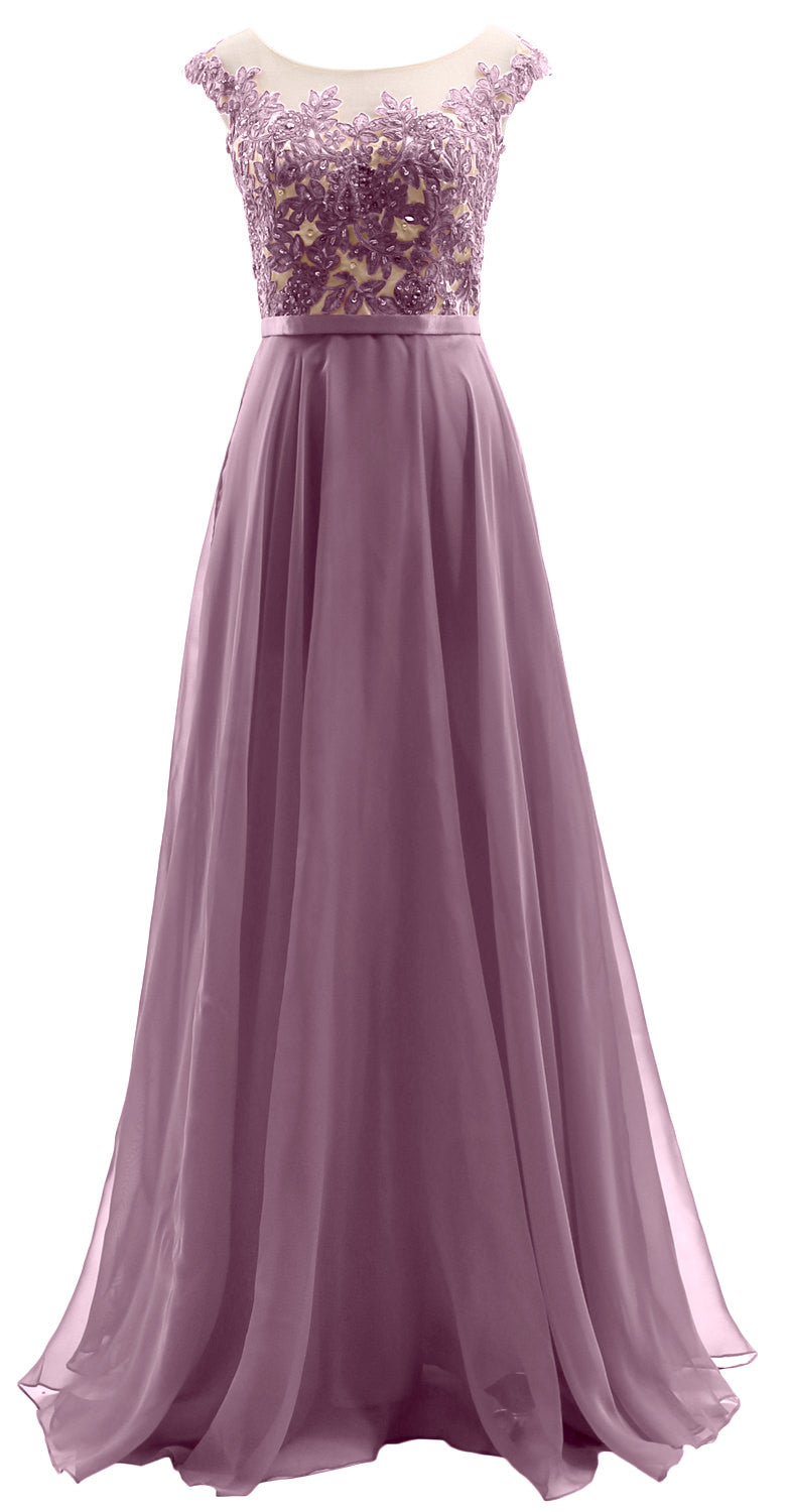 MACloth Cap Sleeves Illusion Long Prom Dress Lace Chiffon Wedding Party Dress