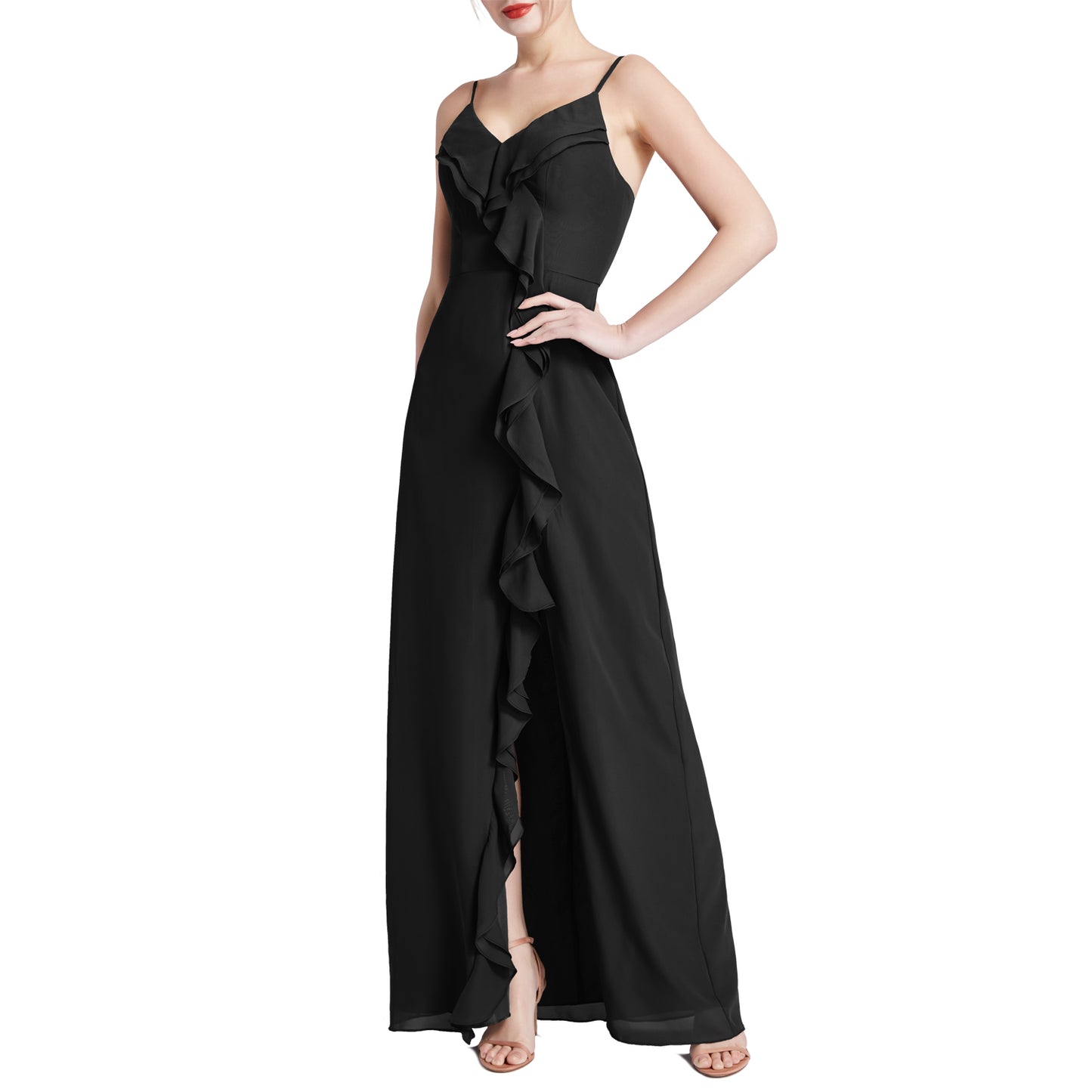 MACloth Women V Neck Ruffle Chiffon Long Wedding Party Bridesmaid Dresses Slit