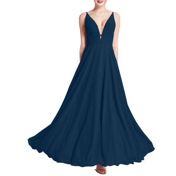 MACloth Women Plunge V Neck Long Elegant Wedding Party Bridesmaid Dresses