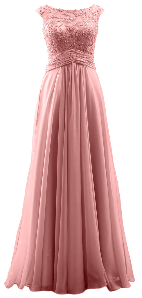 MACloth Elegant Cap Sleeves Long Prom Dress Lace Chiffon Formal Evening Gown
