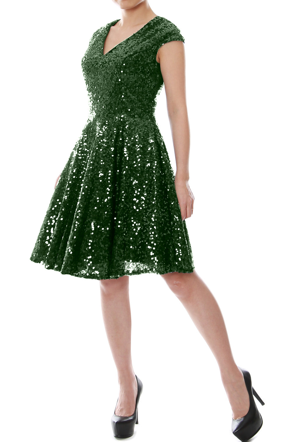 MACloth Women Cap Sleeve Party Formal Gown V Neck Sequin Short Bridesmaid Dress