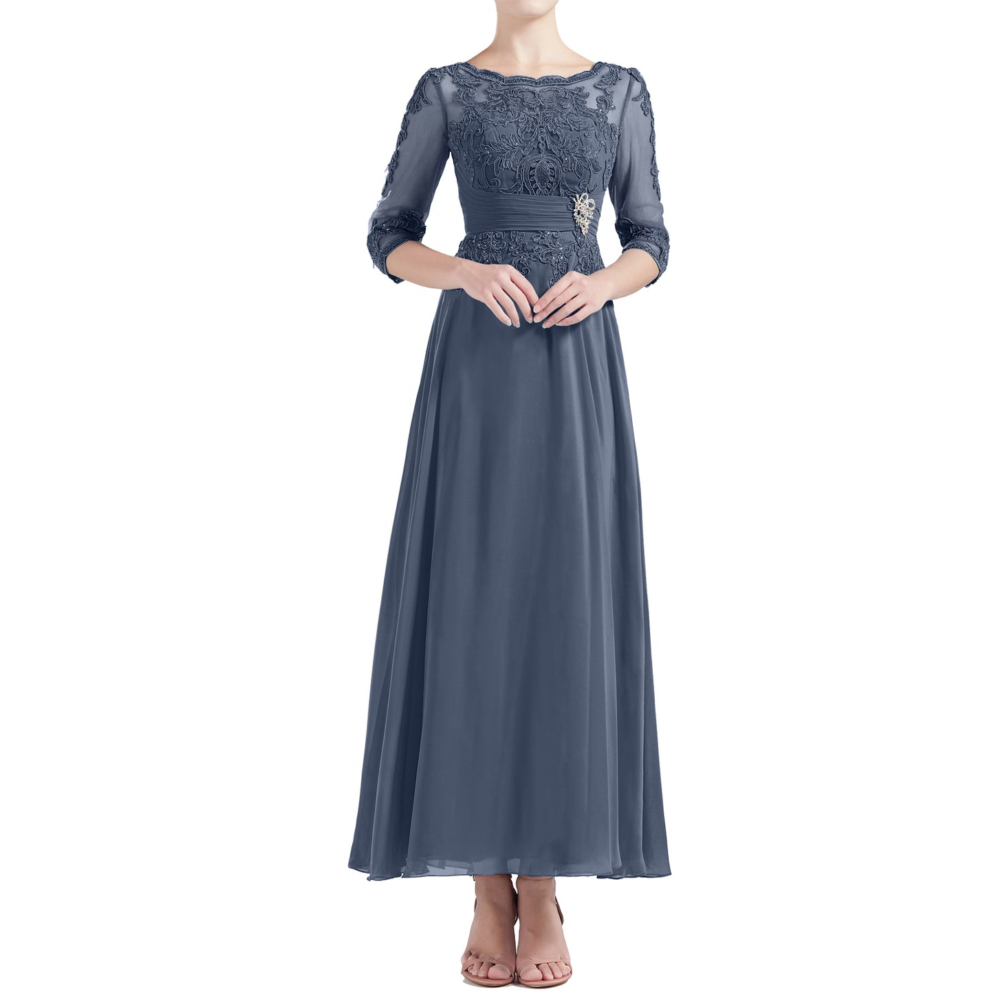 Macloth Women Tea Length 3/4 Sleeve Boat Neck Mother Bride Dresses Bridal Party Gray / Above Knee / Custom Size