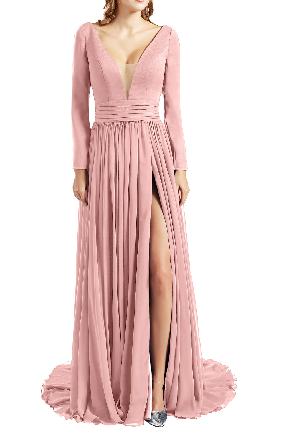 MACloth Women Plunging V Neck Long Sleeves Prom Dresses formal Evening Gown Slit