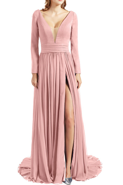 MACloth Women Plunging V Neck Long Sleeves Prom Dresses formal Evening Gown Slit