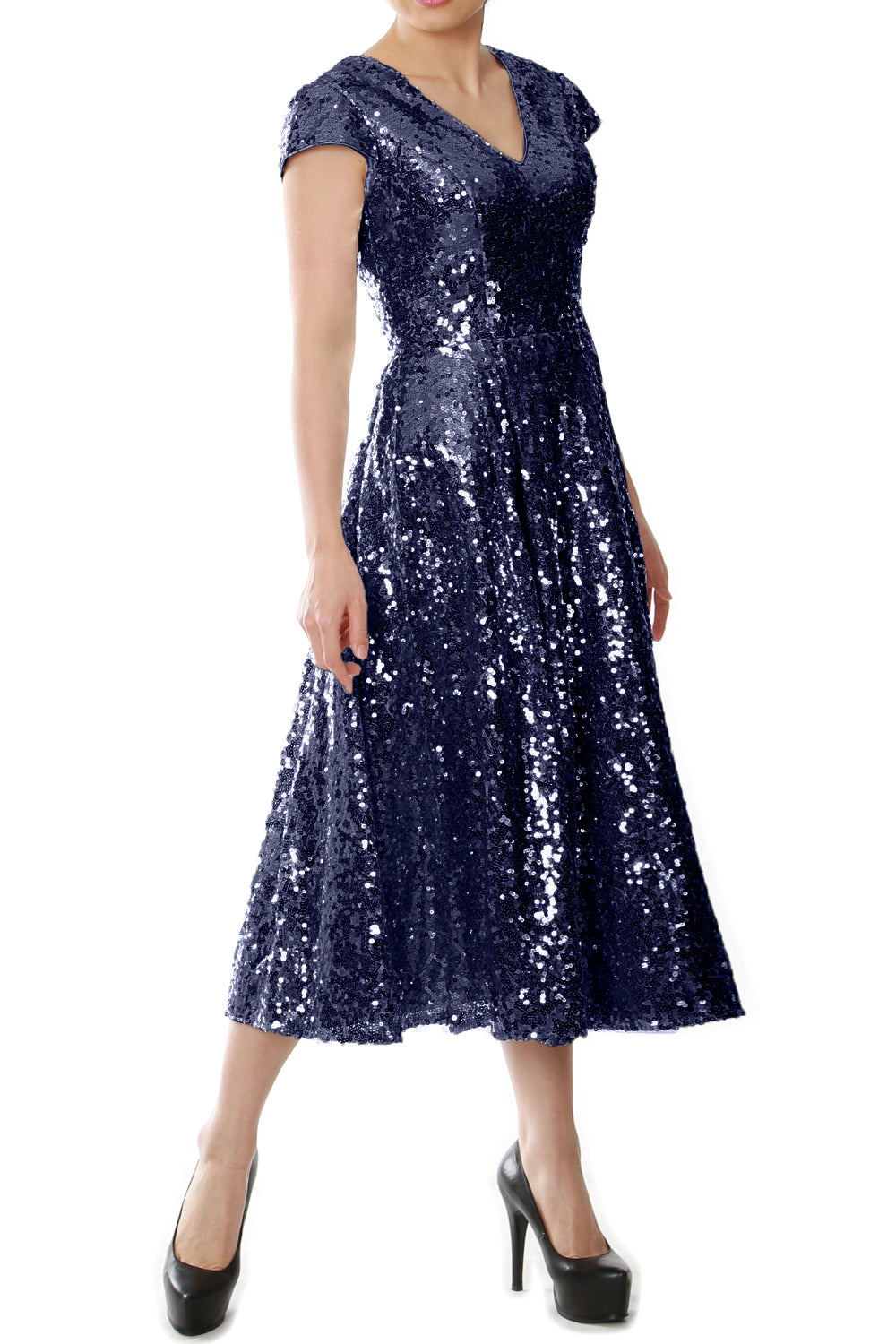 MACloth Damen Midi-Kleid für die Brautmutter, Pailletten, Flügelärmel, für Hochzeit, Party