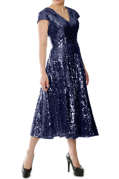MACloth Women Midi Mother of Bride Dresses Sequin Cap Sleeves Wedding Party