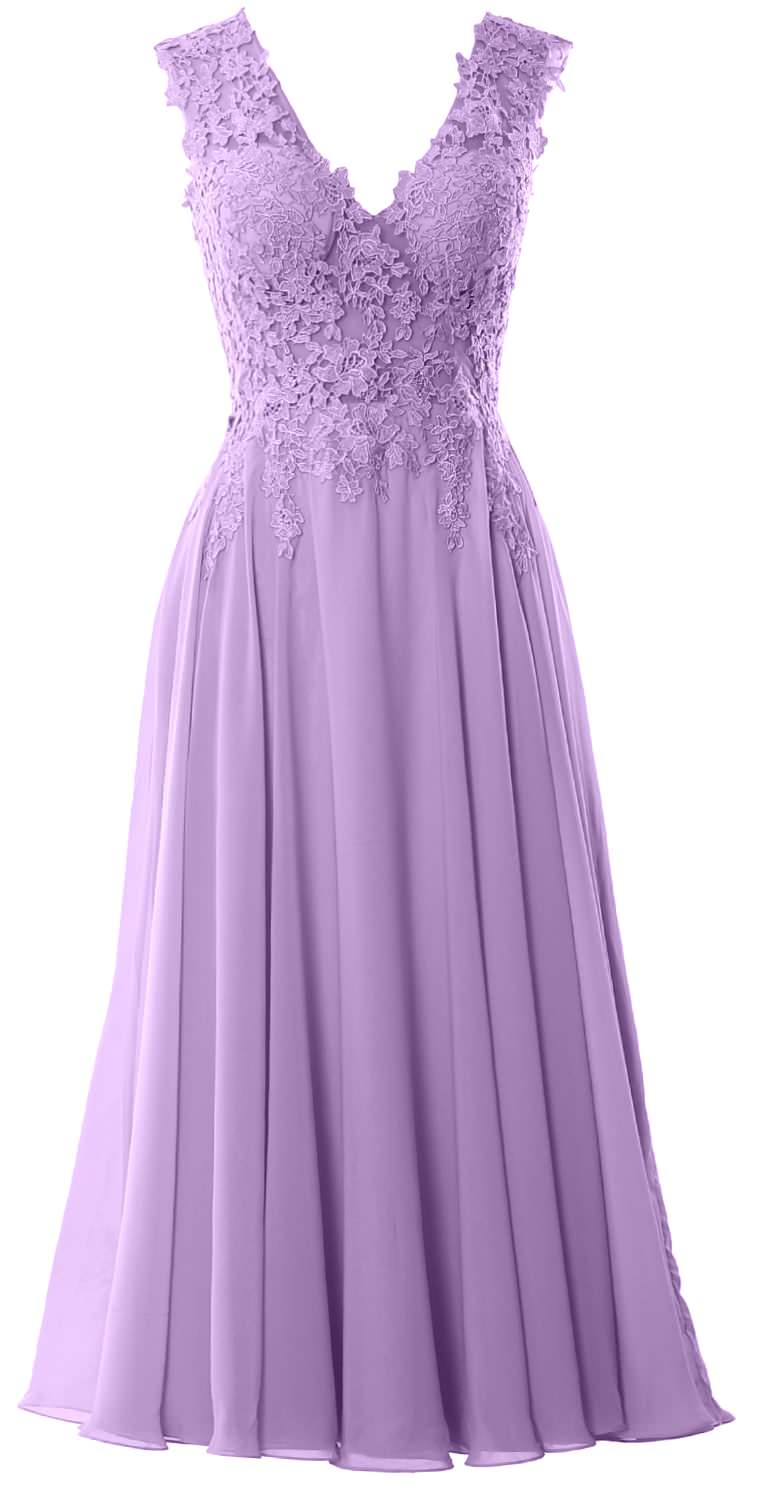 MACloth Women V Neck Lace Mother Bride Dresses Midi Tea Length Wedding Dinner