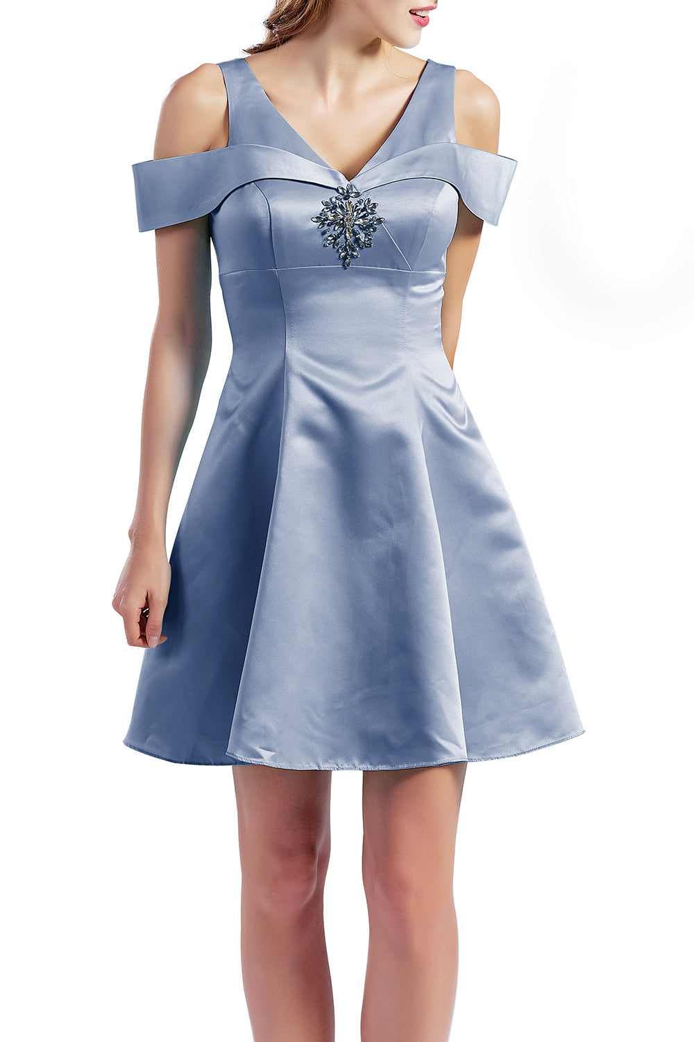 MACloth Women Short Cold Shoulder V Neck Satin Homecoming Dresses Wedding Guest