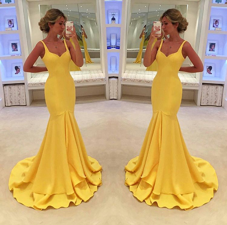 Vestido de fiesta largo con escote en V, tirantes finos y escote en V de MACloth, vestido formal de jersey amarillo