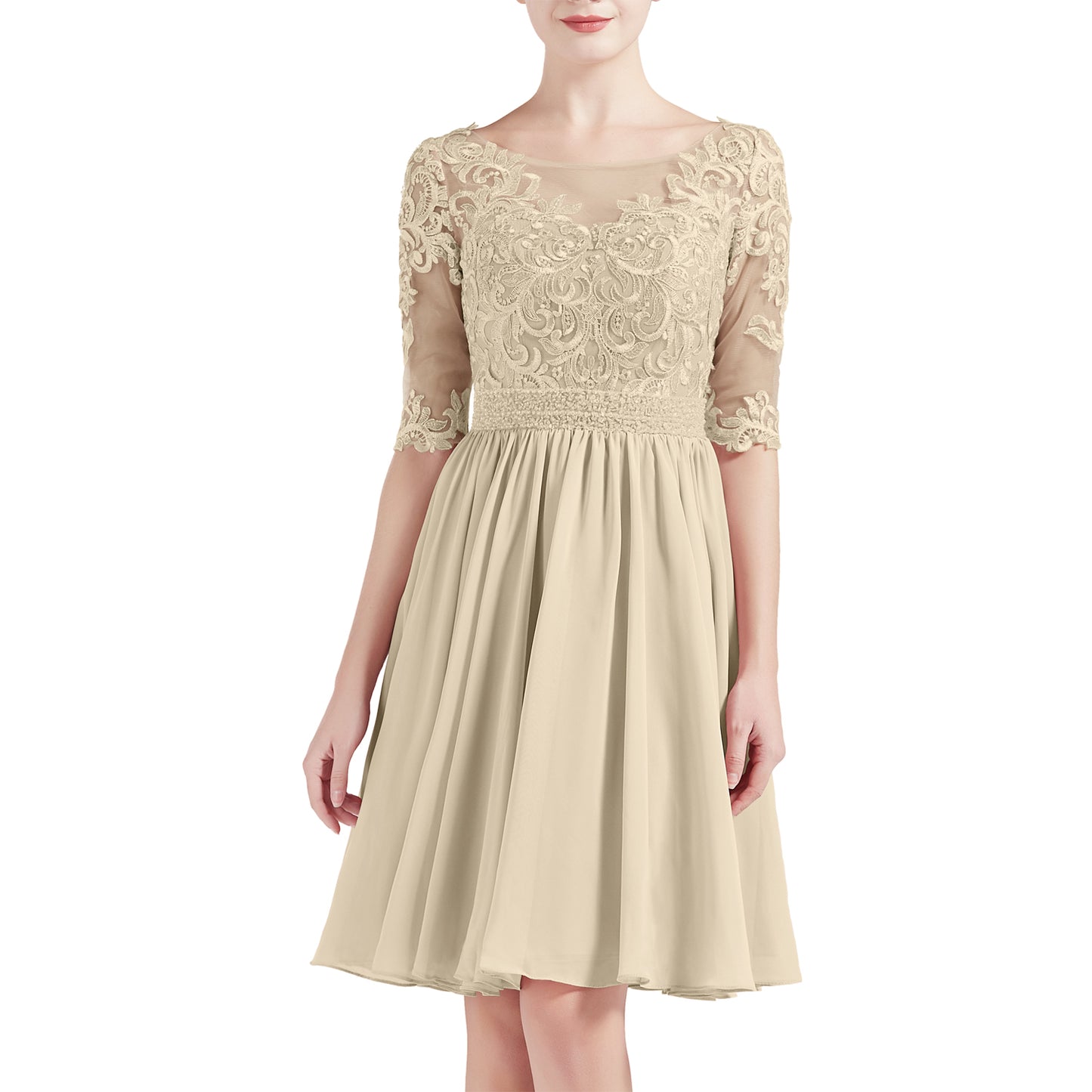 MACloth Women Half Sleeves Short Lace Beading Boat Neckline Mother of Bride Dresses Wedding Bridal Party