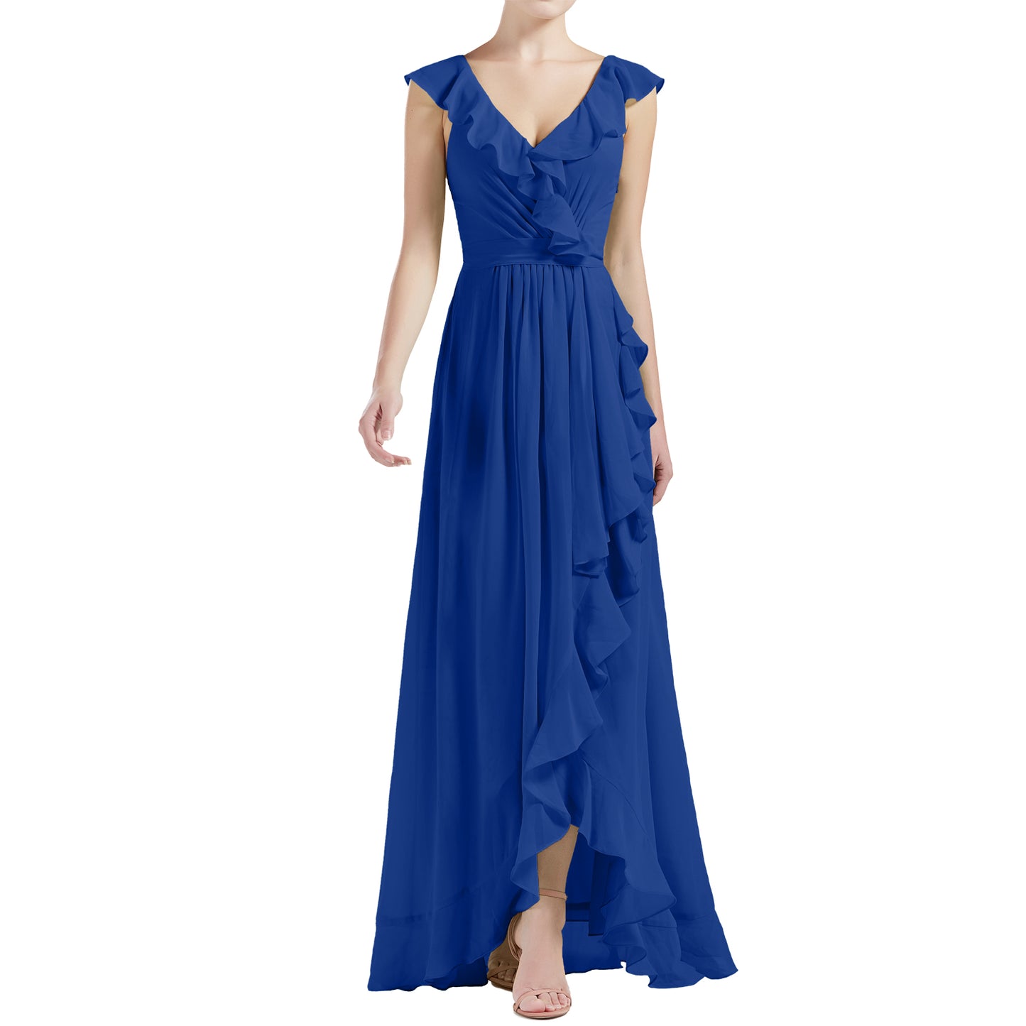 MACloth Women V Neck Ruffle Cap Sleeve Hi-Lo Long Wedding Bridesmaid Dresses