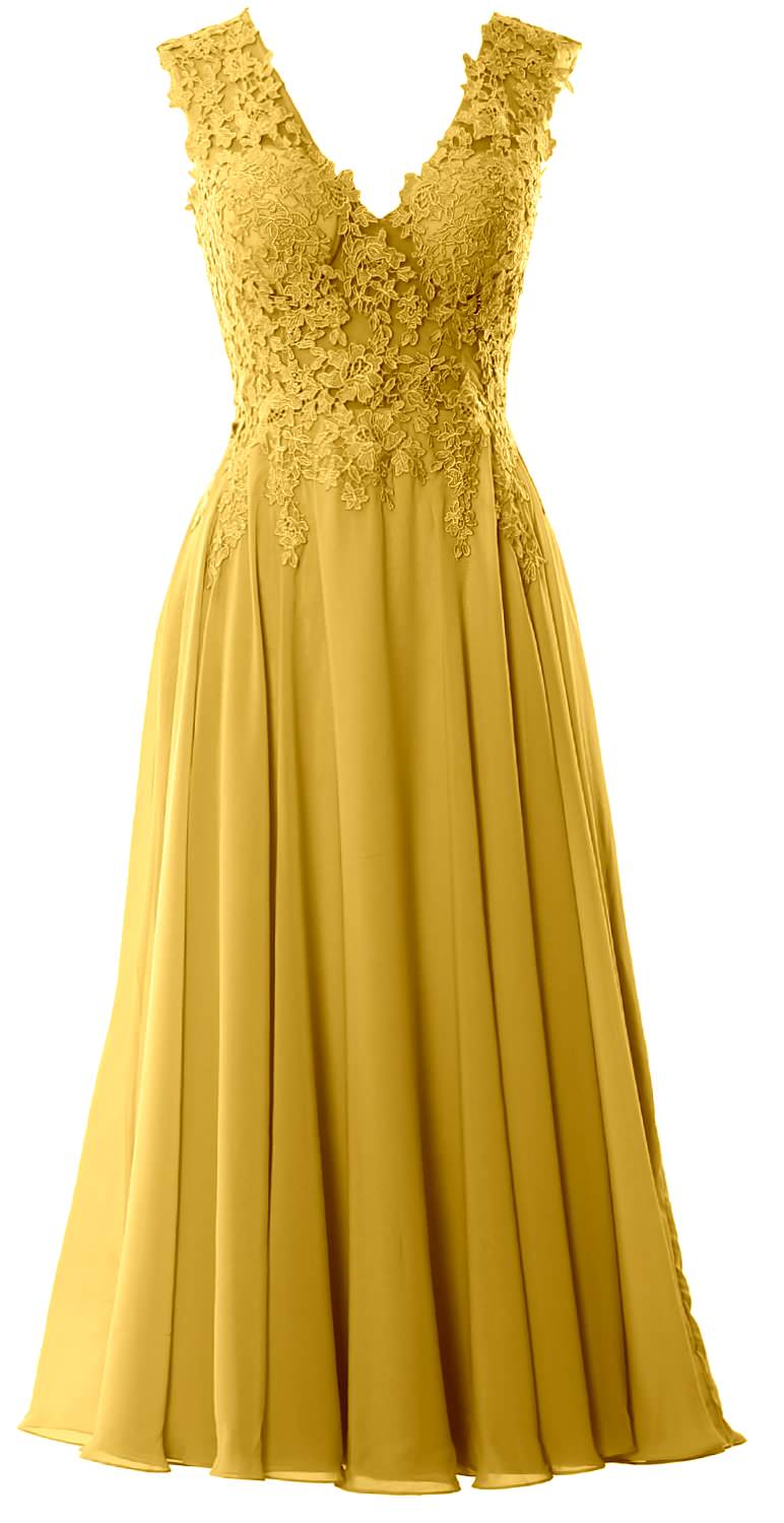 MACloth Women V Neck Lace Mother Bride Dresses Midi Tea Length Wedding Dinner